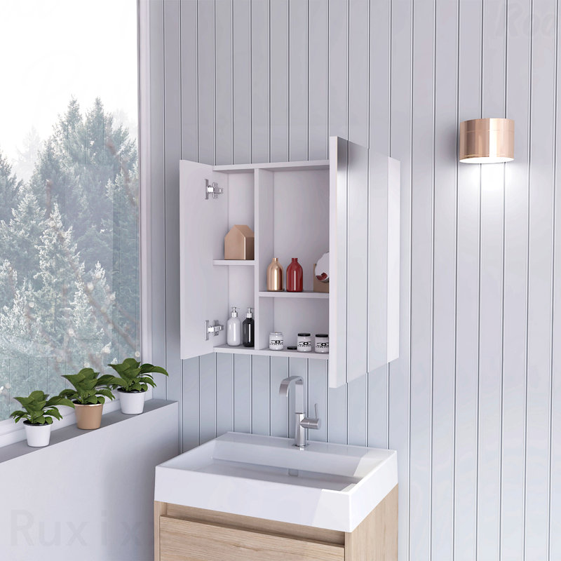 Armoire à pharmacie avec miroir, avec quatre tablettes internes, double porte, rangement minimaliste pour salle de bain, blanc
