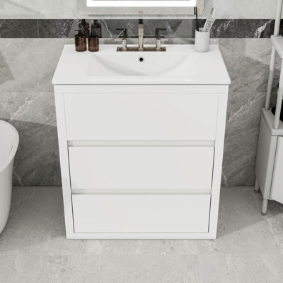 Compact Bathroom Vanity with Ceramic Basin, Soft-Close Drawers and Handle-Free Design