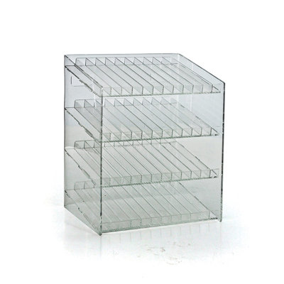 Présentoir à quatre niveaux et 48 compartiments (12 composants par niveau). Dimensions : 30,5 cm (L) x 21,5 cm (P) x 36,8 cm (H).