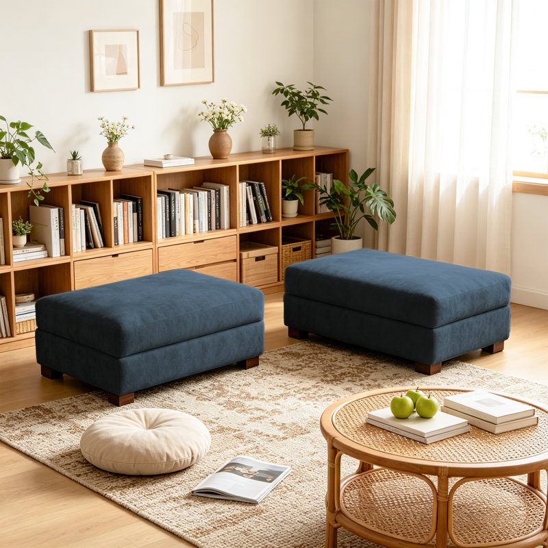 Upholstered Blue Chenille Rectangle Ottoman, Modular Part For Sectional Sofa, Blue
