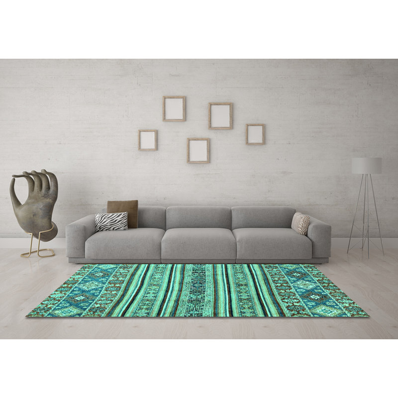 Tapis turquoise lavable à la machine Abstract 2617, Rectangle 3 pi x 5 pi