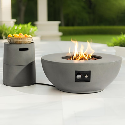 15" H x 37” W 2-Pieces Round Outdoor Gas Fire Pit Table Set with Hidden Round Gas Tank Holder as Side table