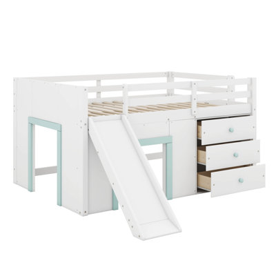 Full Size Low Loft Bed For Kids,Wood Modern Farmhouse Full Loft Bed With Slide And Drawer Storage, No Box Spring Needed