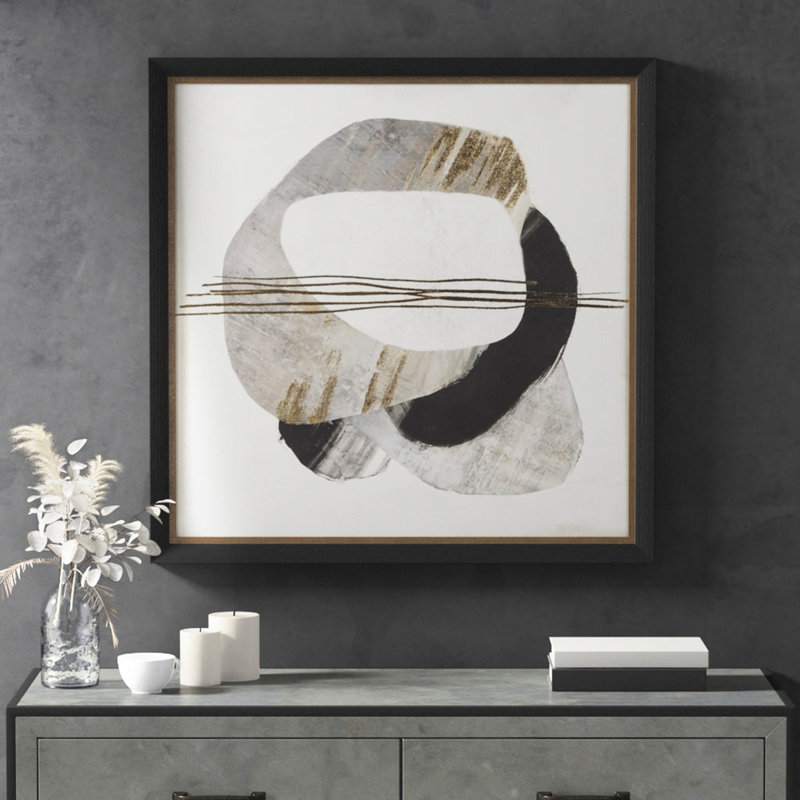 Toile abstraite avec cadre doré, double moulure noire et cadre, l 29,5 po x H 29,5 po, utilisation à l'intérieur dans une toile encadrée, cintres élégants, décor
