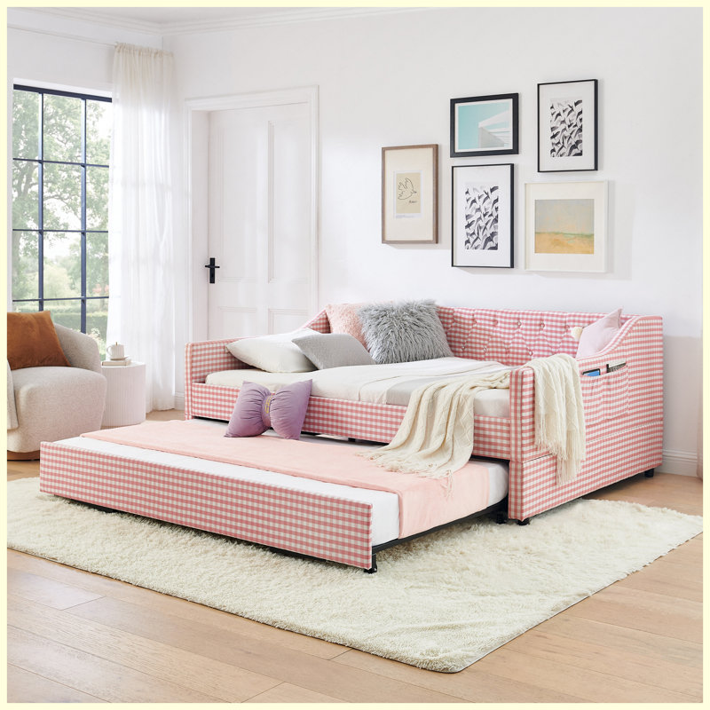 Pink Full Size Upholstered Convertible Daybed with Tufted Backrest, Trundle, and Storage, Full / Double