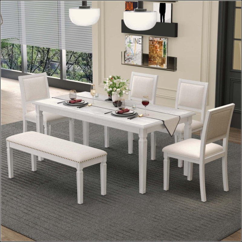 Ensemble de salle à manger de style rustique à rallonge 6 pièces 59-72 "- 4 chaises + banc compact, finition patinée et pieds rétro sculptés pour la cuisine / salle à manger
