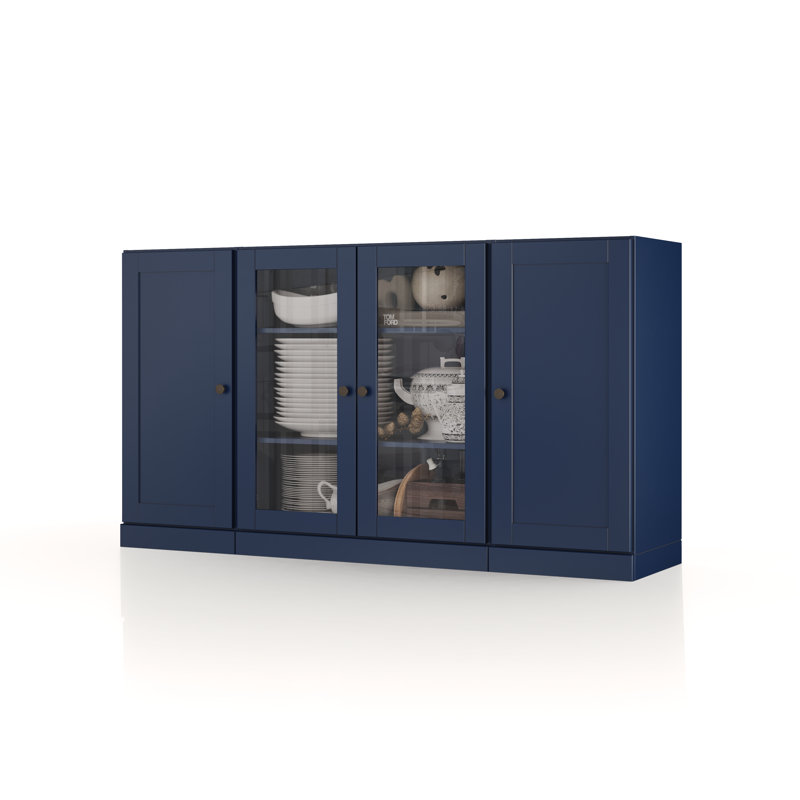 Buffet 100% bois massif 65 po avec verre transparent, portes Shaker et tablettes réglables, Navy Blue