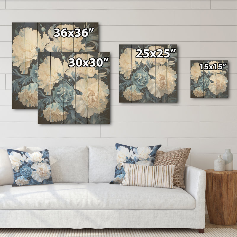 Arrangement d'œillets blanc et bleu - œillets, art mural sur bois de pin naturel, H 15 po x l 15 po