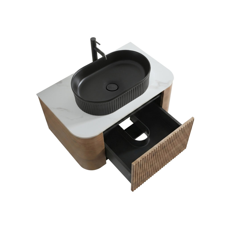 Meuble-lavabo Erba de 30 po avec lavabo, armoire murale en chêne miel avec porte-serviettes gratuit, lavabo simple en céramique rayé ovale noir, sans drain et robinet, pré-assemblé