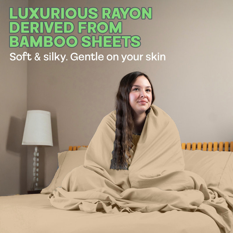 Premium Rayon From Bamboo Blend Sheet Set With Deep Pockets, Cooling and Breathable, Light Khaki