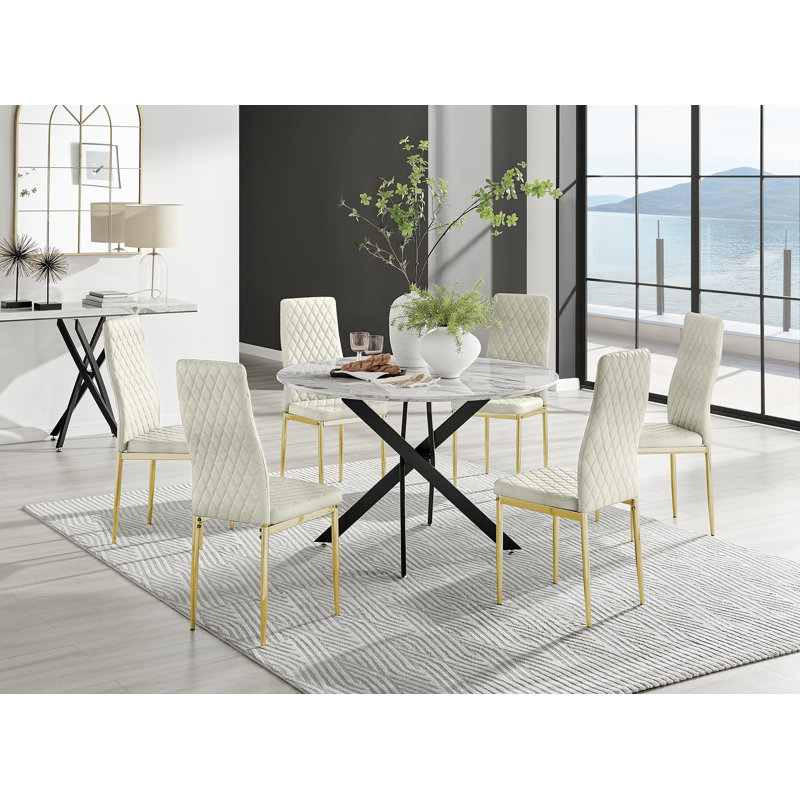 Tierra Modern Chrome Metal & Marble Effect Round Dining Table Set with 6 Quilted Velvet Dining Chairs, Black, Grey/Black