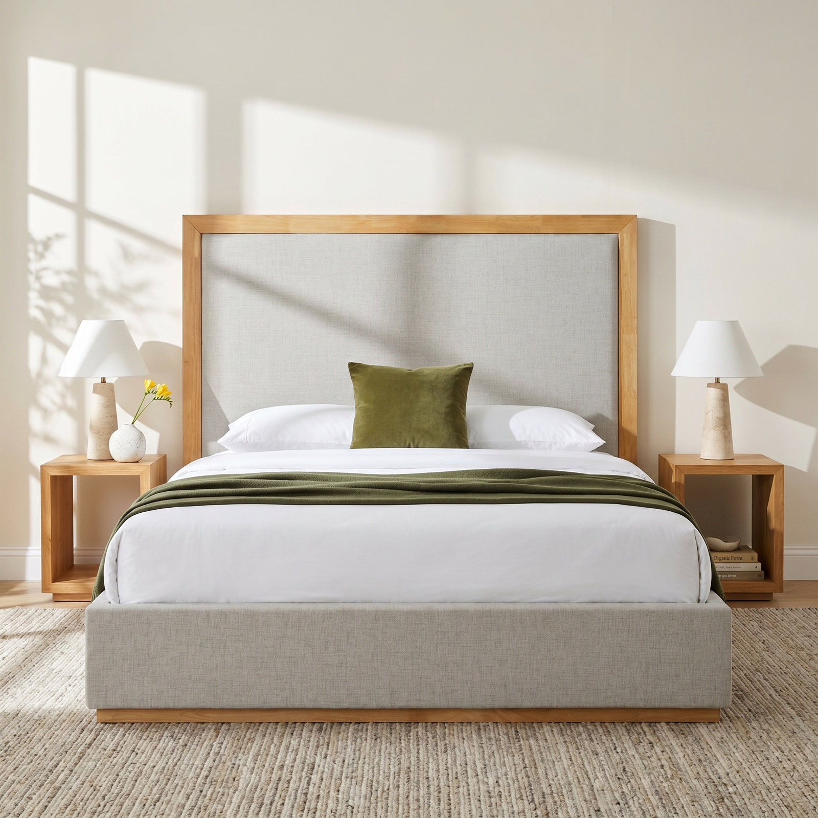 Reanna Upholstered Bed, King, Natural Wood/Gray