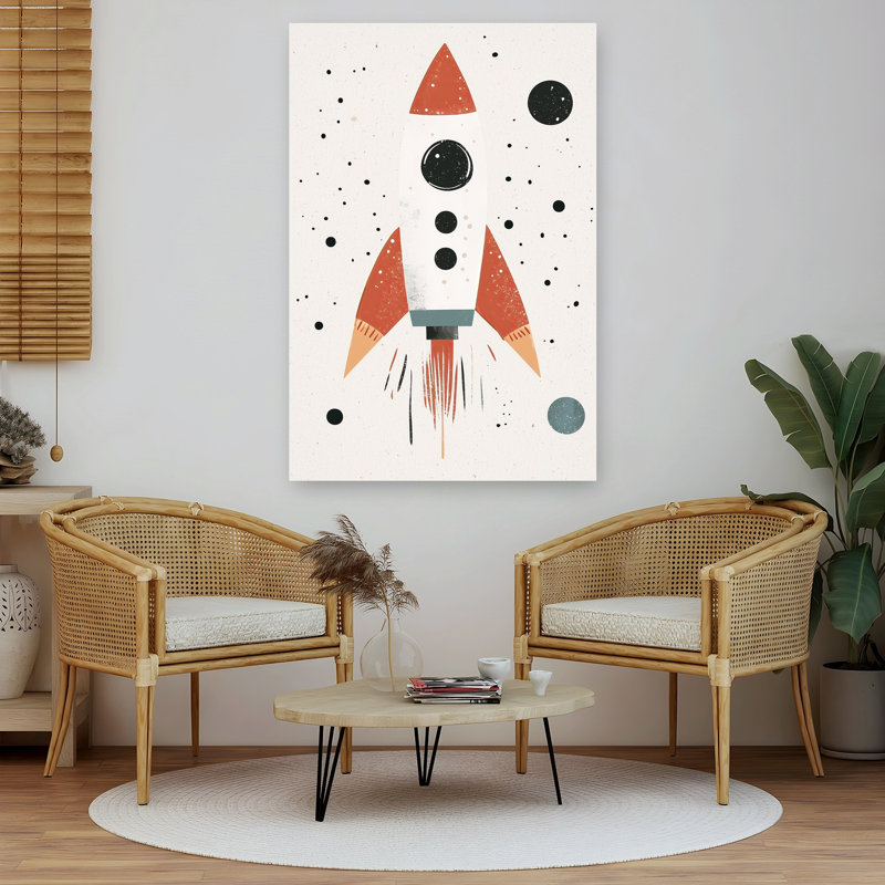 Cosmic Rocket Adventure Minimalist Retro Abstract Fly Landscape Nature Wall Art Print 1 Piece Wrapped Canvas Wall Art
