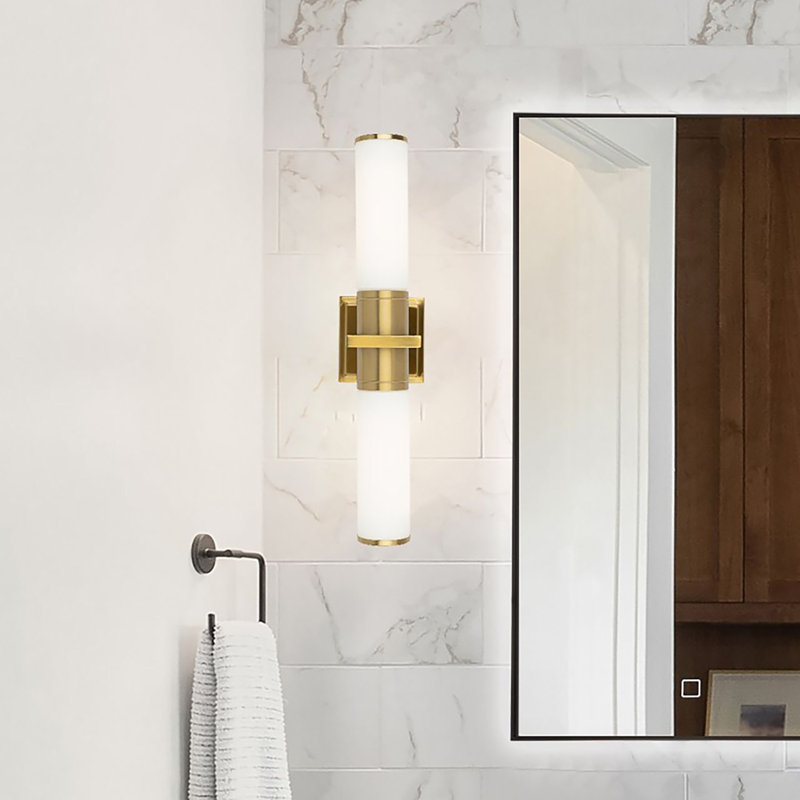 Luminaire pour meuble-lavabo 2 lumières Positano - l 20,8 po - Laiton brossé - Verre blanc, Laiton brossé, Blanc