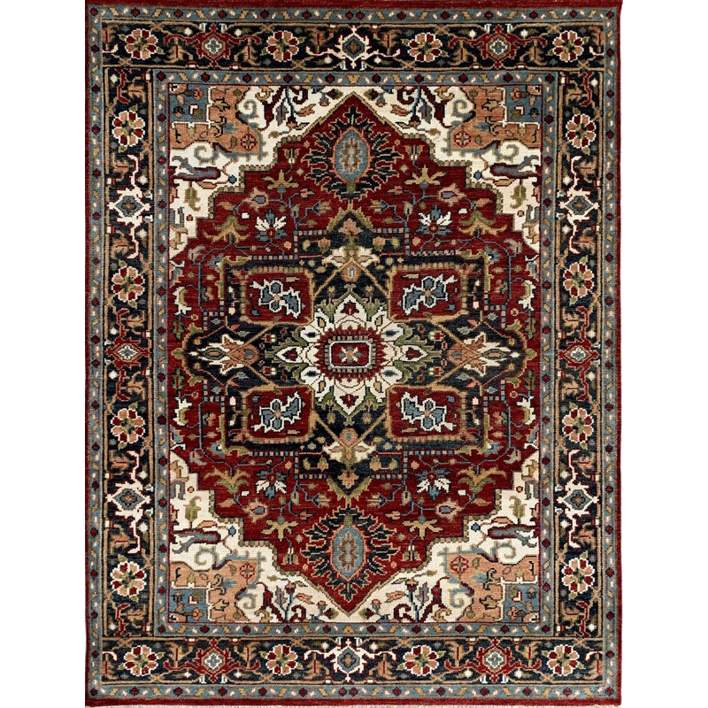 Tapis rouge en laine noué à la main à motif floral médaillon classique traditionnel rouge moderne, 9 pi x 12 pi