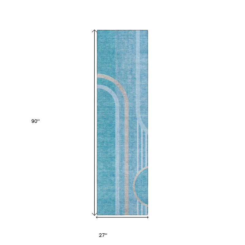2' X 8' Teal Abstract Washable Indoor Outdoor Runner Rug