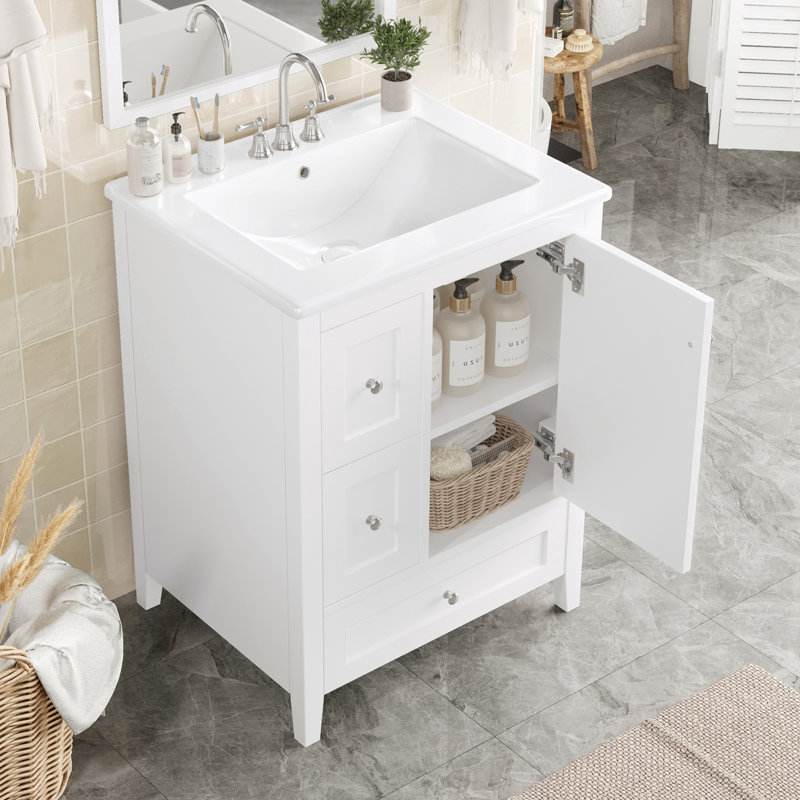 Meuble-lavabo de salle de bain avec rangement, tablette réglable, Blanc / argenté