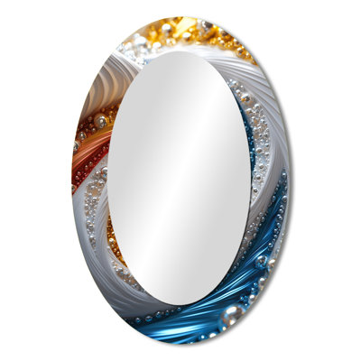 Yellow And Blue Fractal Kaleidoscope Dreams V - Abstract Oval Decorative Mirror On Metal