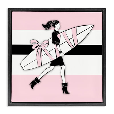 «Glam Girl with Surfboard», toile encadrée flottante grise par Martina Pavlova