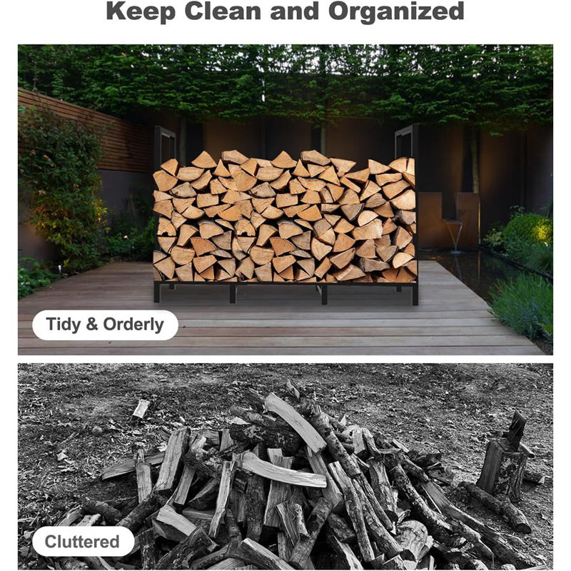 Support à bois d'extérieur avec 8 pieds de soutien pour le rangement des piles de bois de feu, organisateur de support de bûches réglable robuste, noir