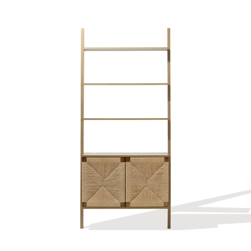 70.9" H x 31.5" W Ladder Bookshelf with Woven Rope Cabinet Doors and Wood Frame for Living Room and Office