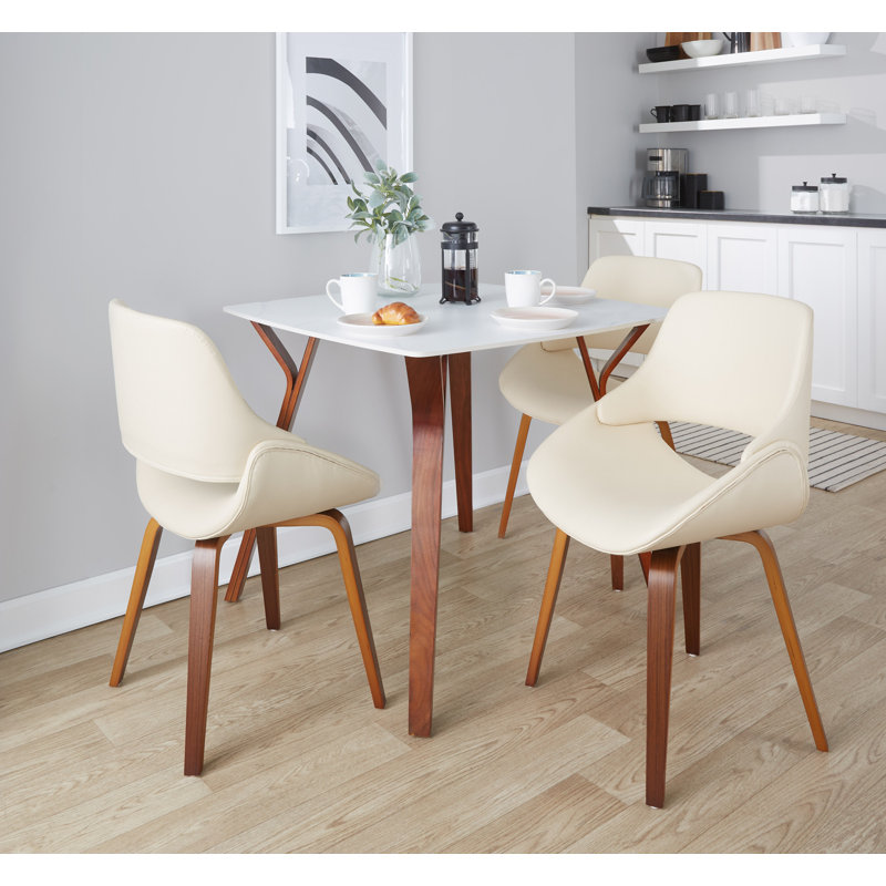 Najrin Upholstered Side Chair with Bent Wood Legs, Cream Faux Leather, Walnut Bent Wood