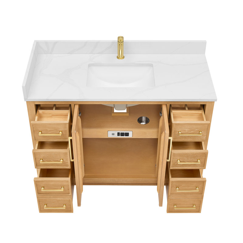 Meuble-lavabo simple 48 po Carrasco en chêne naturel brun avec plateau en pierre de quartz blanc soyeux, Or brossé, 48"