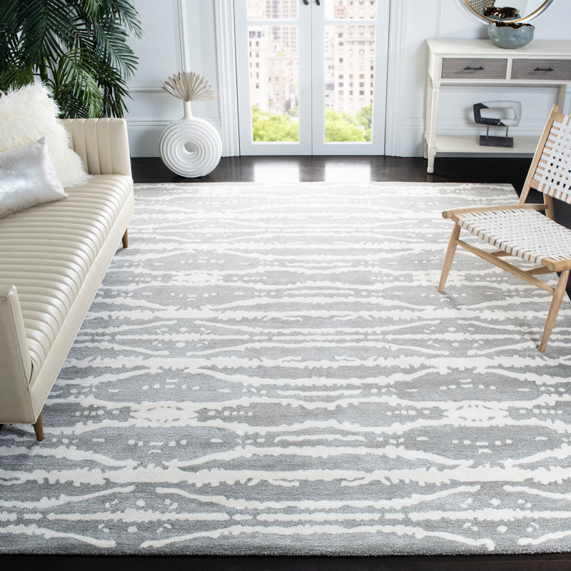 Tapis gris / ivoire en viscose / laine touffeté à la main Benny-Lee, Rectangle 7 pi 6 po x 9 pi 6 po