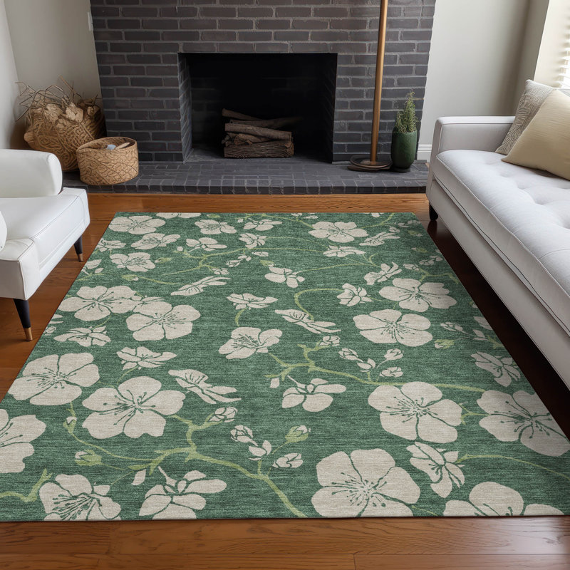Sage Floral Synthetic Washable Rectangular Area Rug