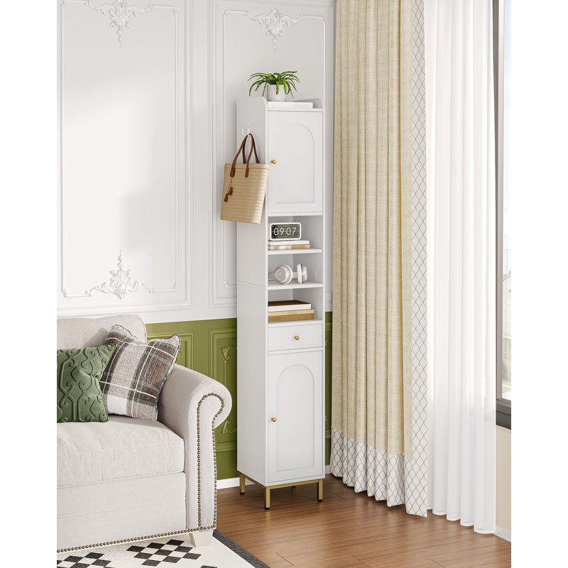 Bathroom Storage Cabinet, Narrow Toilet Paper Storage Cabinet, Tall Toilet Paper Holder with 2 Doors & Drawer, Bathroom Floor Cabinet, Adjustable Shelf for Small Spaces, White 