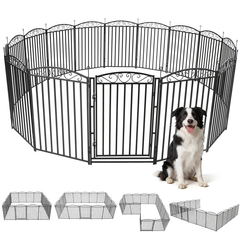Parc pour chien en métal noir, 16 panneaux, 81 cm (32 po), avec porte verrouillable et pliable, pour une utilisation intérieure et extérieure.