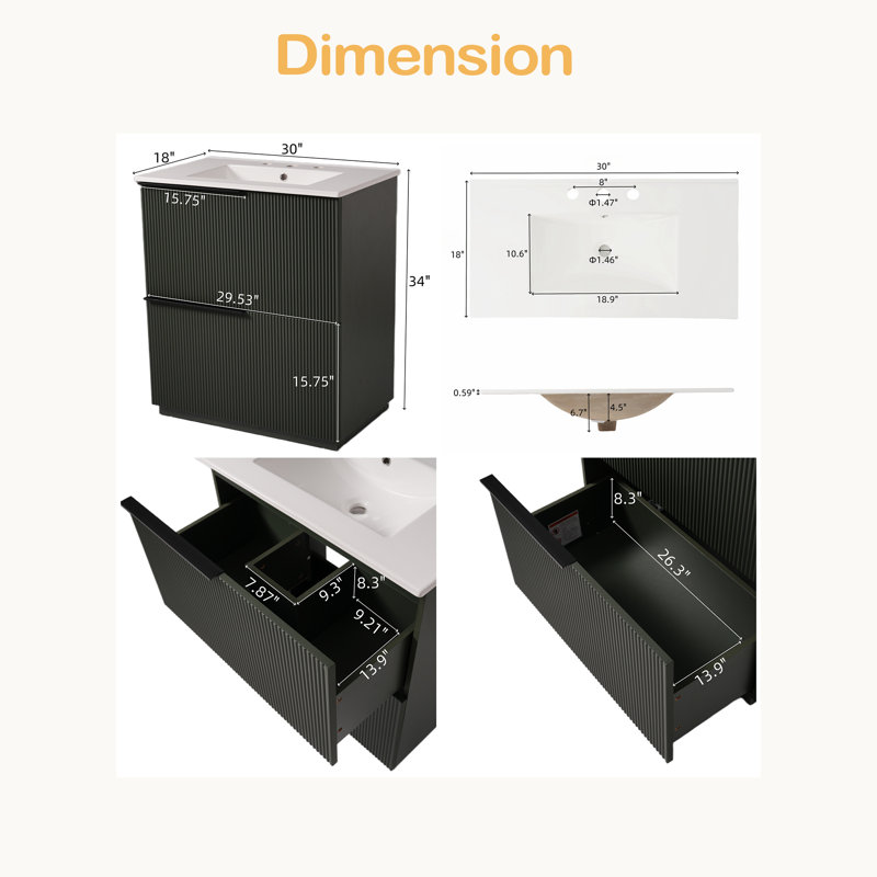 Meuble-lavabo de 30 po avec lavabo en céramique et tiroirs pleine extension, glissières de tiroir à fermeture en douceur, conception cannelée
