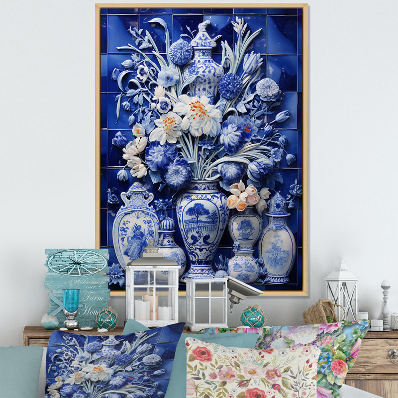 «Blue Boho Flower Pottery I» - art mural Boho, Cadre flottant brun, H 32 po x l 24 po x P 1 po