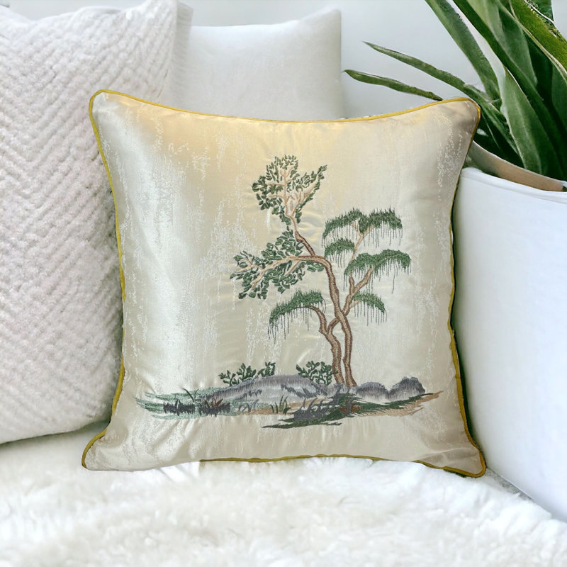 Housse de coussin carré en soie, Ivoire/brun foncé, H 18 po x l 18 po, Carré