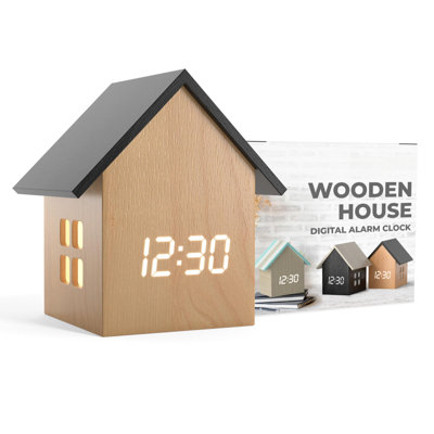 Digital House-Shaped Alarm Clock With Temperature Display (Light Wood) – Modern Aesthetic - Cute Cube Frame And White LED Dimmer