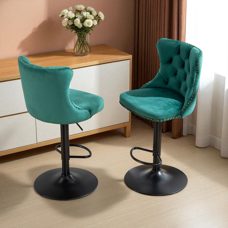 Zager Swivel Adjustable Height Bar Stool Modern Velvet Barstool With Back, Black, Green, 2
