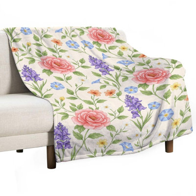 Floral Pattern With(1) Luxury Flannel Throw Blanket, Soft Warm Fuzzy Blanket for Living Room Sofa Bed Home Decor