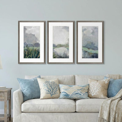 Set Of Three Lakeside Watercolor Passage Silver Framed Wall Art