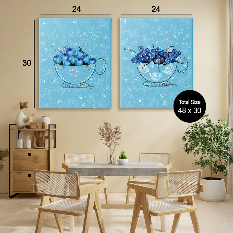 Ensemble de 2 tasses à thé Blue Fruits, par Susan Lugar, H 30 po x l 24 po