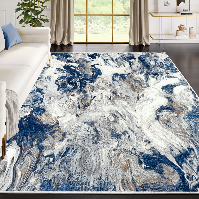 Abani Rugs Emese Reg500B Blue Swirl Abstract Low Pile Area Rug, Rectangle 4' x 6'