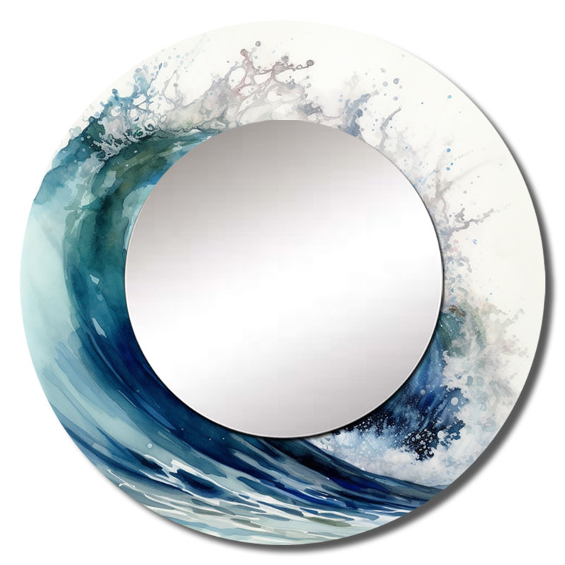 Mouvement Prescillia Ocean Wave VI - miroir de plage, miroir mural rond vert unique, impression d'art en métal, 23 po x 23 po