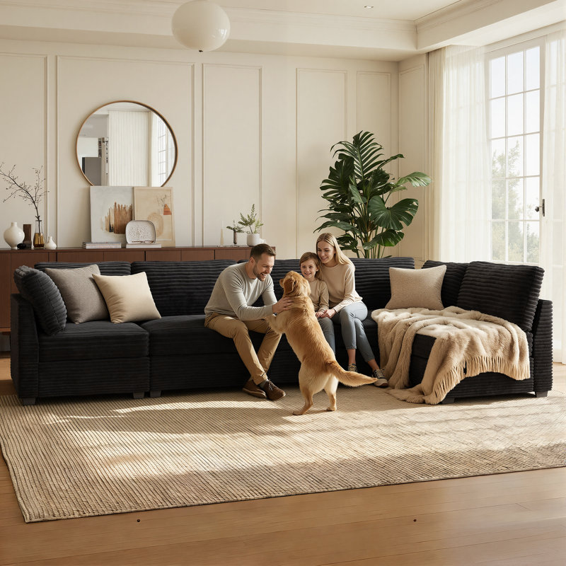 Modular L-shaped Sectional Plush Corduroy Sofa, Modern Couch  With Wide And Deep Seats For Living Room, Bedroom, Black