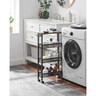 Slim Rolling Cart, 4-Tier Storage Cart, Narrow Cart With Handle, 5.1 Inches Deep, Metal Frame,(Rustic Brown) by 17 Stories