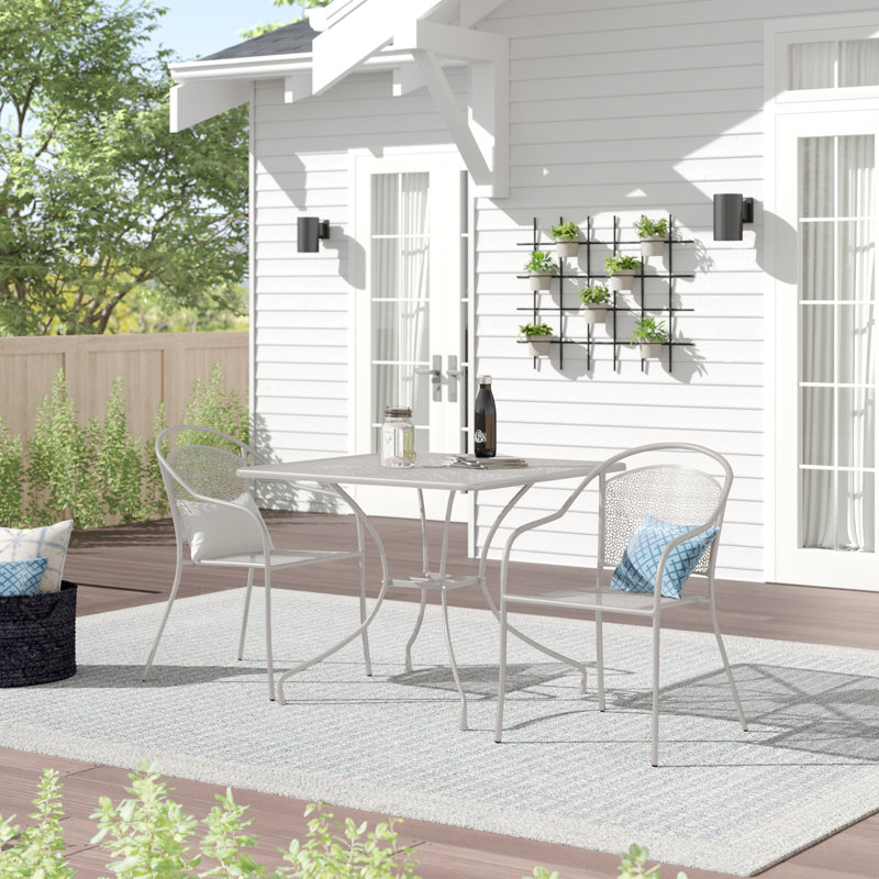 Ledoux 35.5'' Square Indoor-Outdoor Steel Patio Table Set with 2 Round Back Chairs, Light Gray