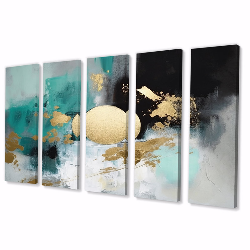 Pleine lune bonheur et turquoise abstrait IV - art mural abstrait sur toile - 5 panneaux égaux