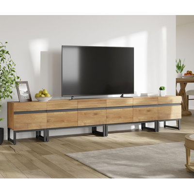 Meuble télé moderne pour téléviseur de 110 po ou moins, meuble audio-vidéo 3 en 1 avec armoires de rangement et base en métal, console multimédia pour le salon, 106 po