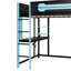 Lit mezzanine double en bois avec bureau, garde-robe ouverte et lumière RVB bleue-122274114