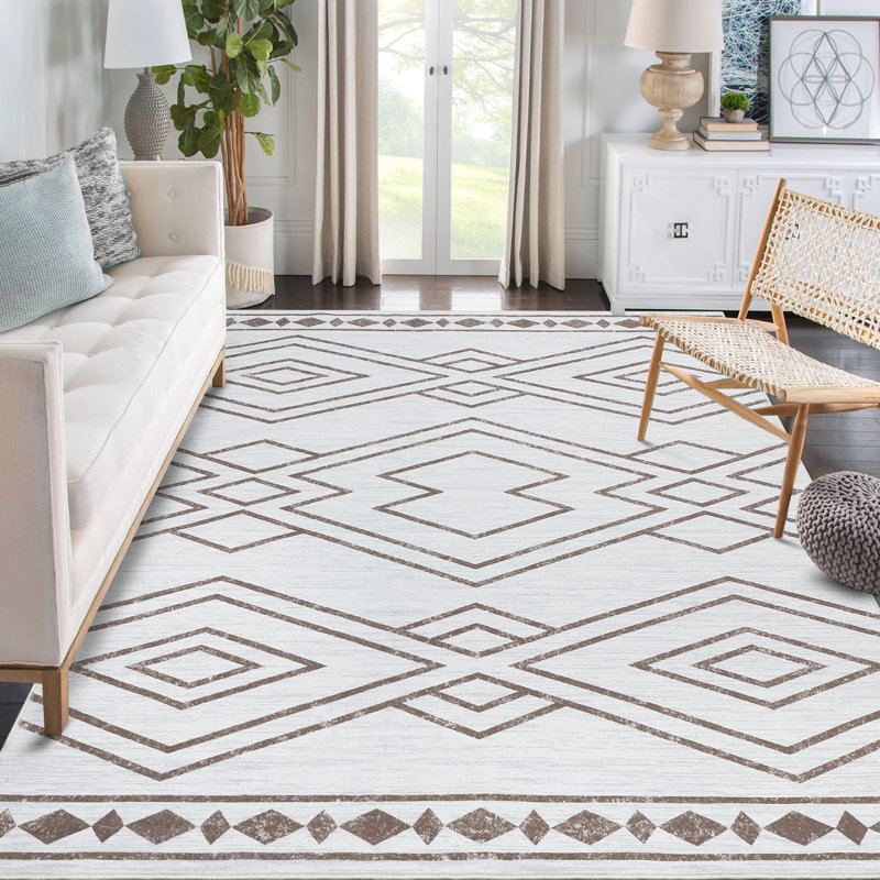 Tapis beige / blanc en polyester tissé à la machine Krete Southwestern, Rectangle 8 pi x 10 pi