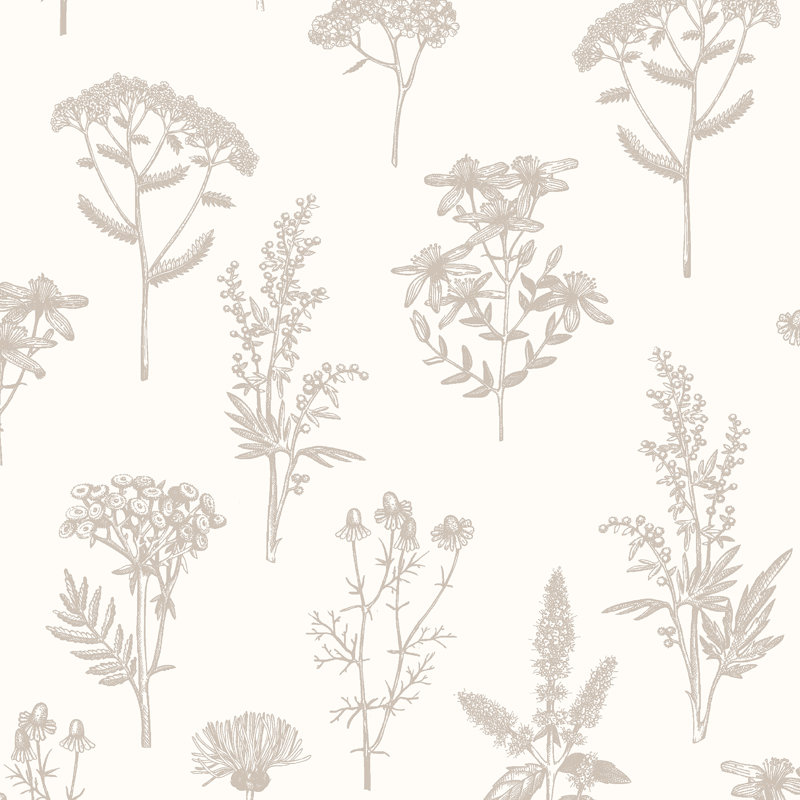 Papier peint argenté lumineux avec croquis botaniques, Argent