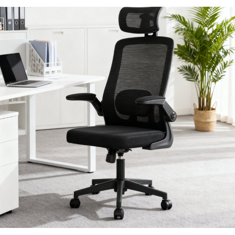 Chaise de bureau en filet, chaise de bureau avec accoudoirs rabattables, appui-tête rotatif, support lombaire réglable
